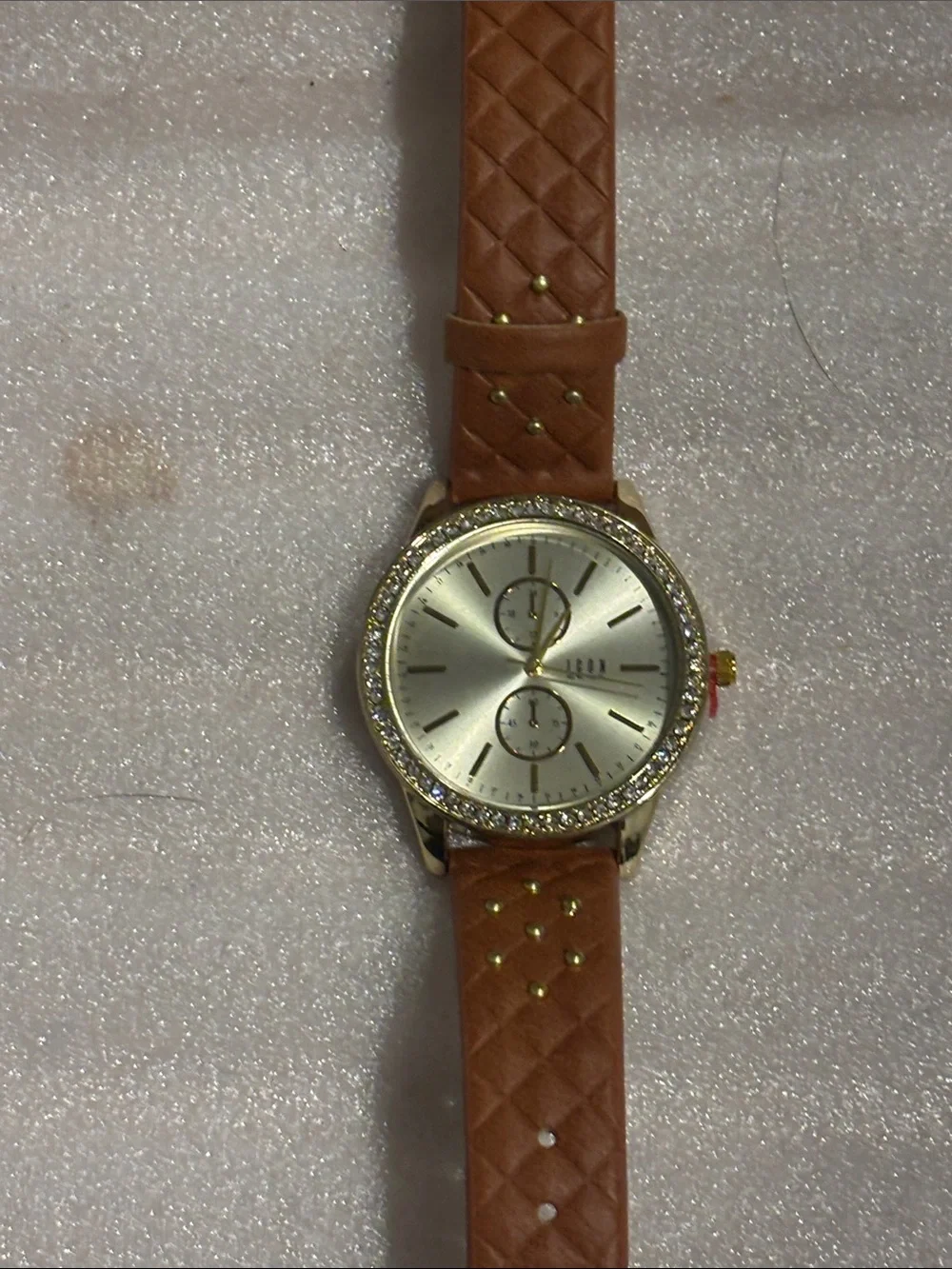 ICON Gold Crystal-Bezel Watch with Brown Leather Strap